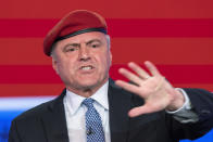 Republican candidate for New York City mayor, Curtis Sliwa, speaks during a debate with Eric Adams, Brooklyn borough president and Democratic mayoral candidate, at the ABC-7 studios in New York, Tuesday, Oct. 26, 2021. (Eduardo Munoz/Pool Photo via AP)