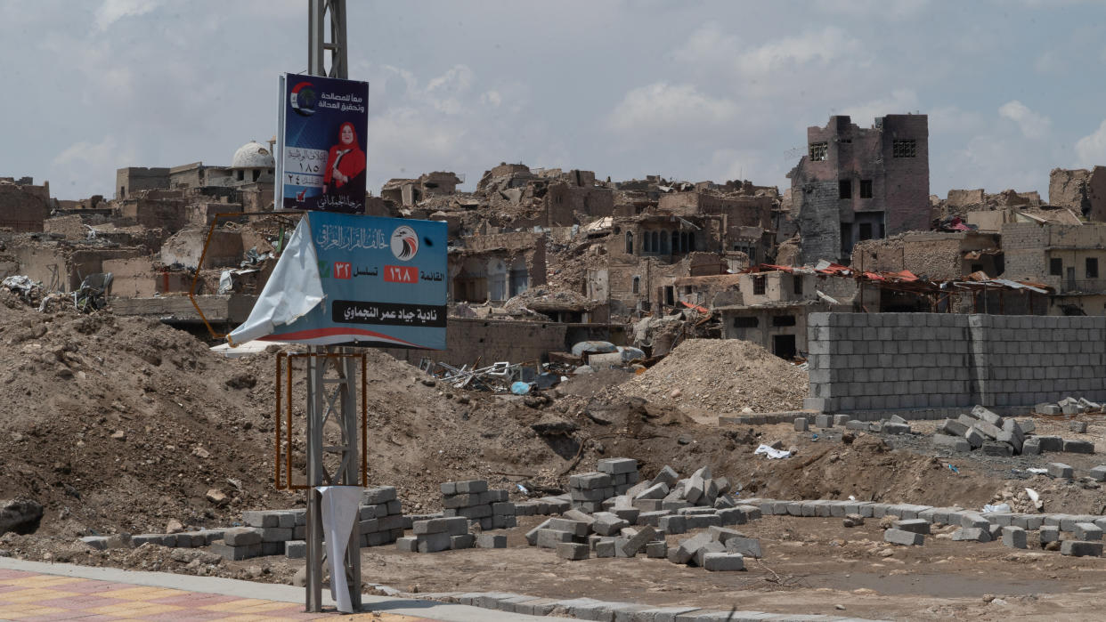 Campaign posters are papered all over Mosul as Iraq heads toward the first national elections since the Islamic State was expelled from the city last year. (Photo: Shawn Carrié for Yahoo News)
