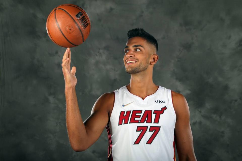 Miami Heat center Omer Yurtseven (77) poses for portraits during Miami Heat Media Day at FTX Arena in Miami on Monday, September 27, 2021.