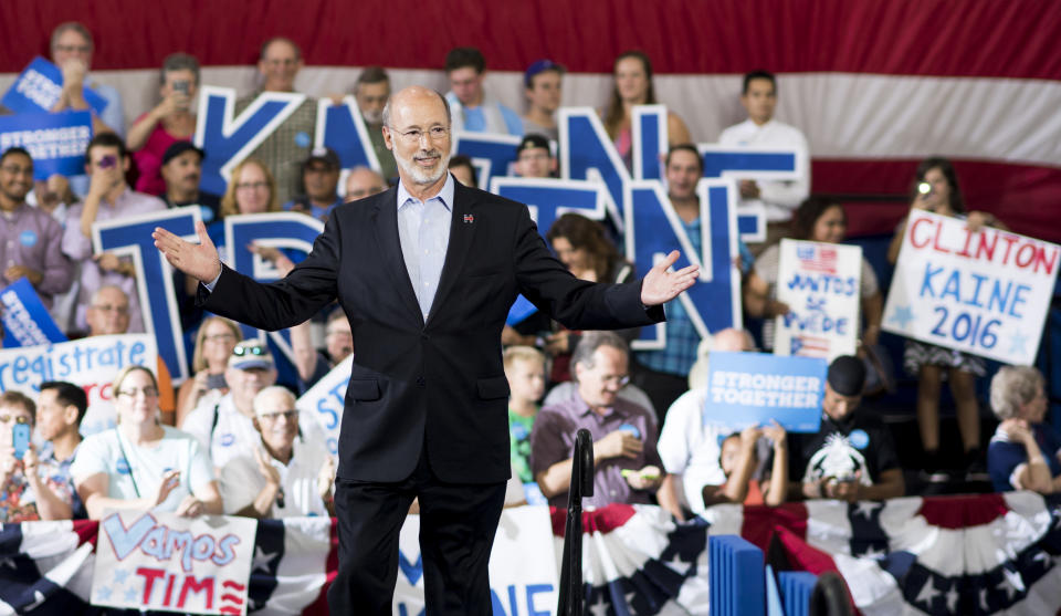 <span class="s1">Pennsylvania’s Democratic Gov. Tom Wolf speaks at a rally for Tim Kaine in 2016, when Kaine was Hillary Clinton’s running mate. (Photo: Bill Clark/CQ Roll Call/Getty Images)</span>