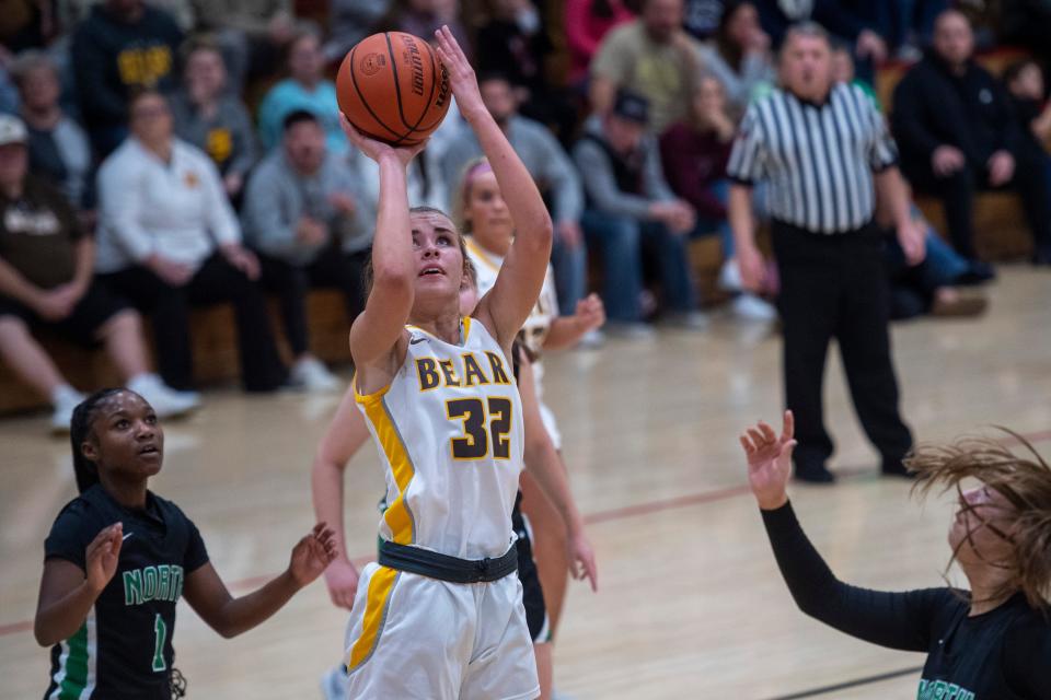 Central’s Maddy Shirley (32) takes a shot as the Central Lady Bears play the North Lady Huskies in the 2024 IHSAA Class 4A Girls Basketball Sectional 16 championship game at Harrison High School in Evansville, Ind., Saturday, Feb. 3, 2024.