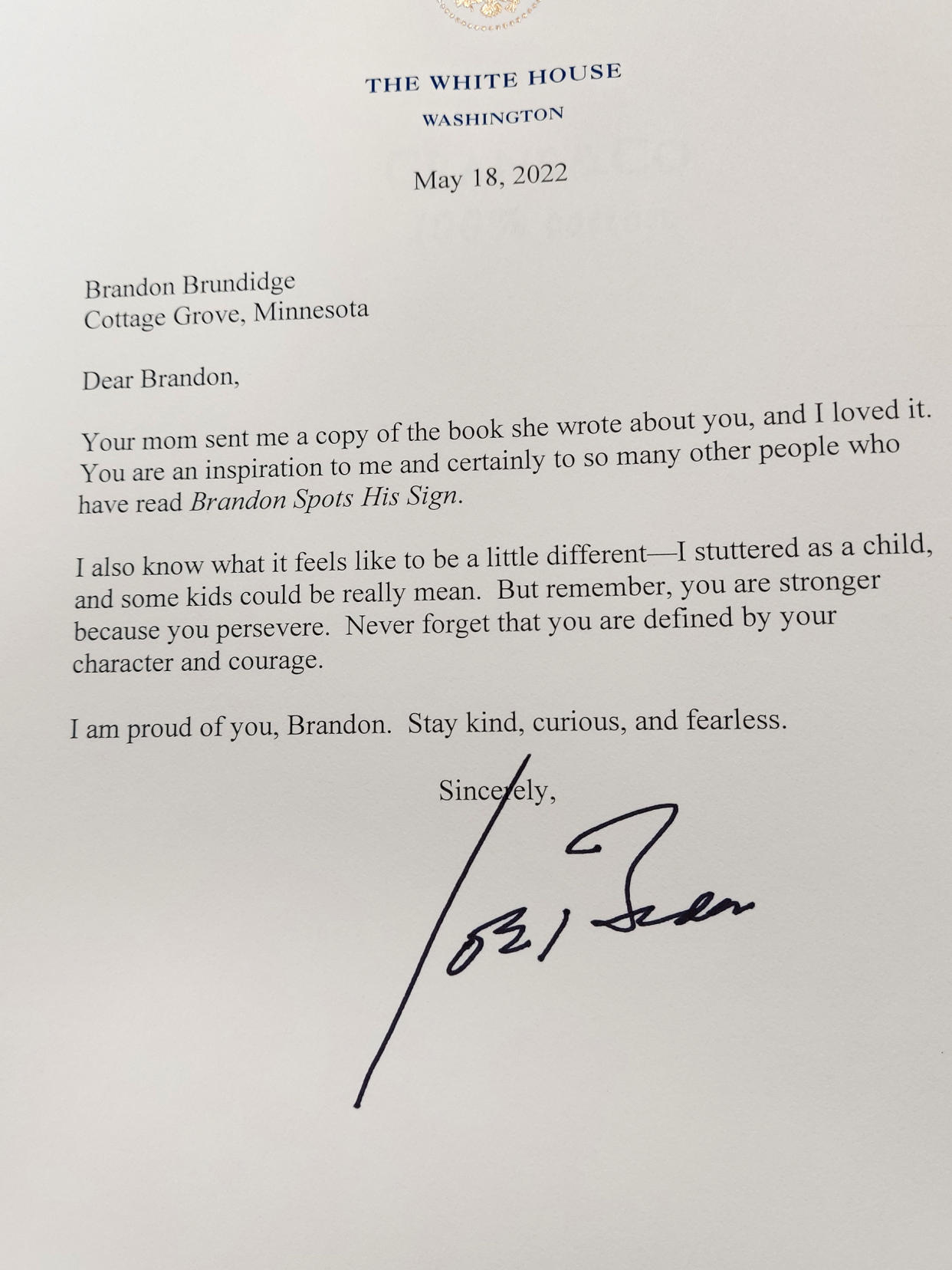 The letter President Joe Biden wrote to Brandon. (Courtesy Sheletta Brundidge)