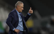 Brazil's coach Tite gestures during a Copa America semifinal soccer match against Peru at Nilton Santos stadium in Rio de Janeiro, Brazil, Monday, July 5, 2021. (AP Photo/Silvia Izquierdo)