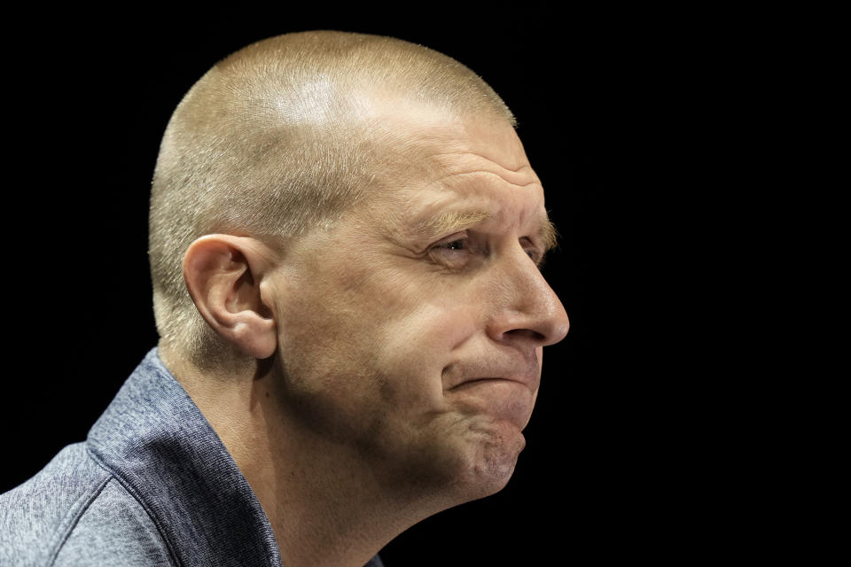 BYU coach Mark Pope addresses the media during the NCAA college Big 12 men's basketball media day Wednesday, Oct. 18, 2023, in Kansas City, Mo. (AP Photo/Charlie Riedel)