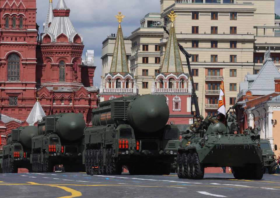 A Russian BTR-82A armored personnel carrier and Yars intercontinental ballistic missile systems drive in Red Square during a parade on Victory Day, which marks the 77th anniversary of the victory over Nazi Germany in World War Two, in central Moscow, Russia May 9, 2022. / Credit: EVGENIA NOVOZHENINA/REUTERS