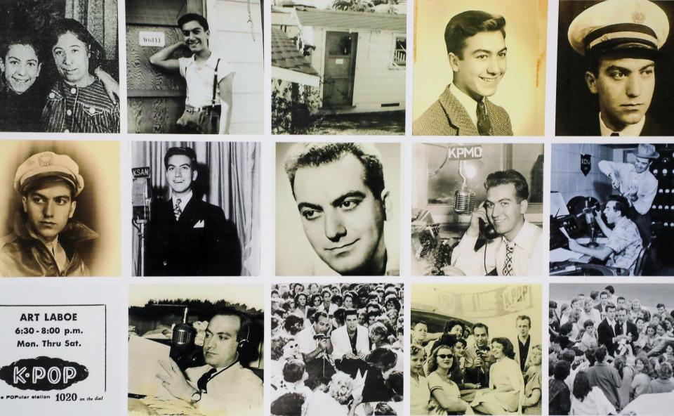 Photographs of Art Laboe are displayed in the Palm Springs studio where he hosted "The Art Laboe Connection."