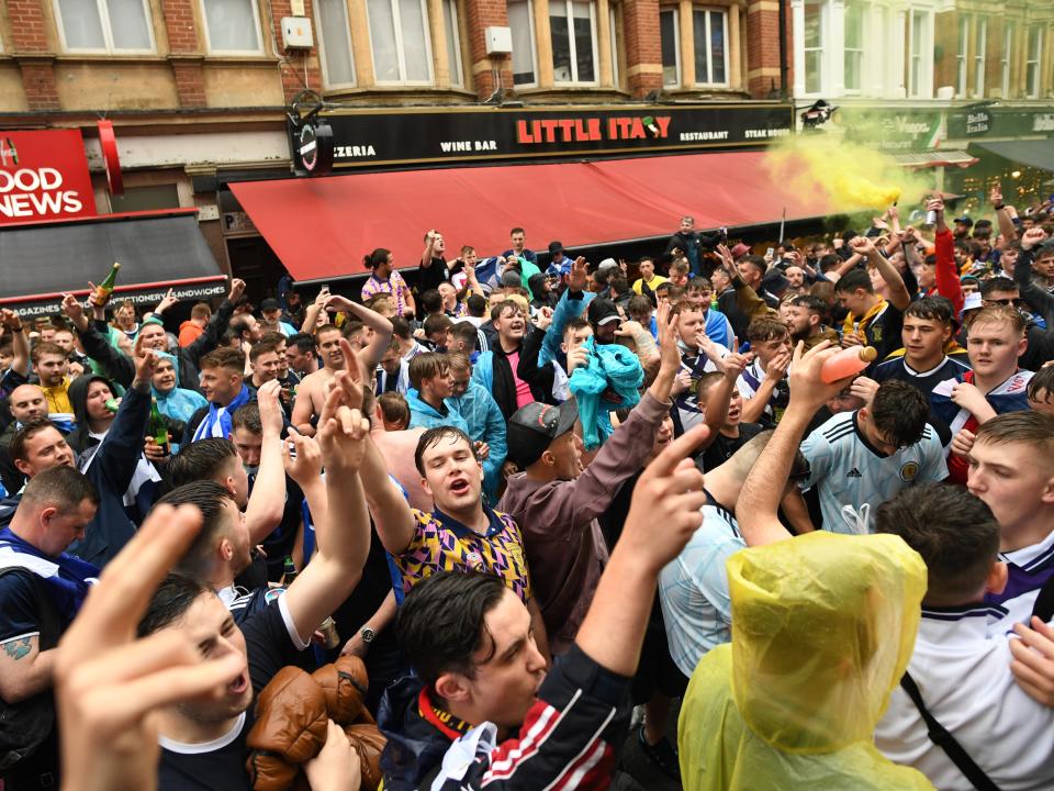 Scotland fans gather in Leicester Square before England vs Scotland match at Euro 2020 (PA)