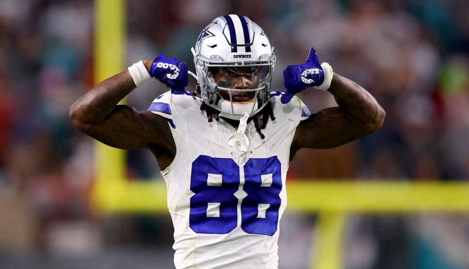 MIAMI GARDENS, FLORIDA - DECEMBER 24: CeeDee Lamb #88 of the Dallas Cowboys reacts after a first down during the fourth quarter in the game against the Miami Dolphins at Hard Rock Stadium on December 24, 2023 in Miami Gardens, Florida. (Photo by Megan Briggs/Getty Images) ORG XMIT: 775992486 ORIG FILE ID: 1880887994