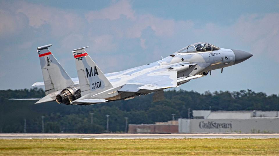 An F-15C from the 104th Fighter Wing gets airborne for a William Tell mission. <em>Jamie Hunter</em>