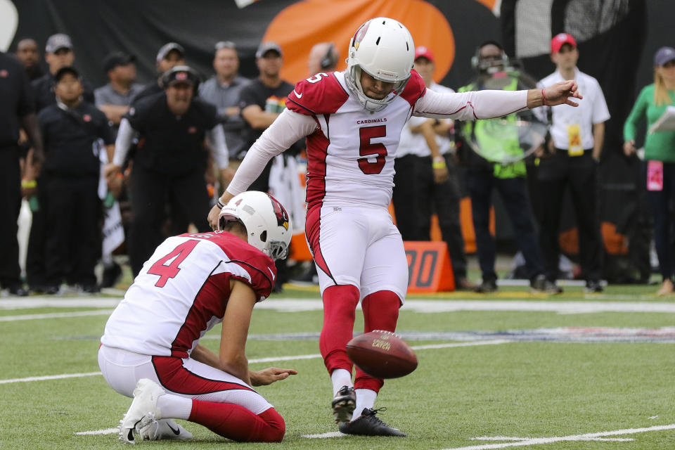 Arizona Cardinals kicker Zane Gonzalez (5) boots the winning field goal in the second half of an NFL football game against the Cincinnati Bengals, Sunday, Oct. 6, 2019, in Cincinnati. (AP Photo/Gary Landers)