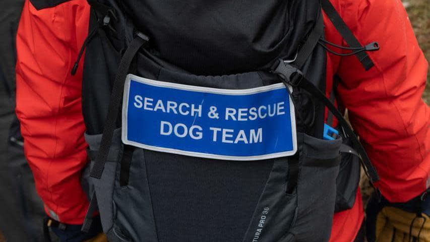 Back of a person with with serch and rescue dog team written on he back of a bag