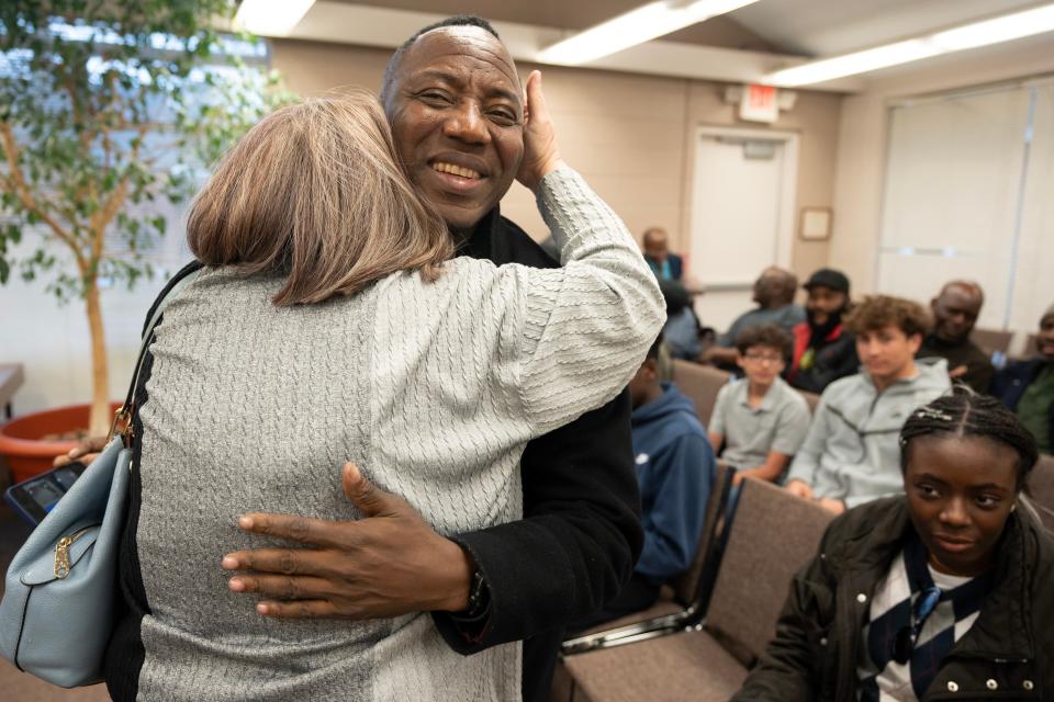 Mar 9, 2024; Haworth, NJ, USA; Omoyele Sowore during a homecoming celebration for him at Haworth Borough Hall. Omoyele Sowore, a Nigerian citizen, political activist, and journalist, who lives with his wife, son and daughter in Haworth, was detained by Nigerian authorities and imprisoned after he returned to his homeland.