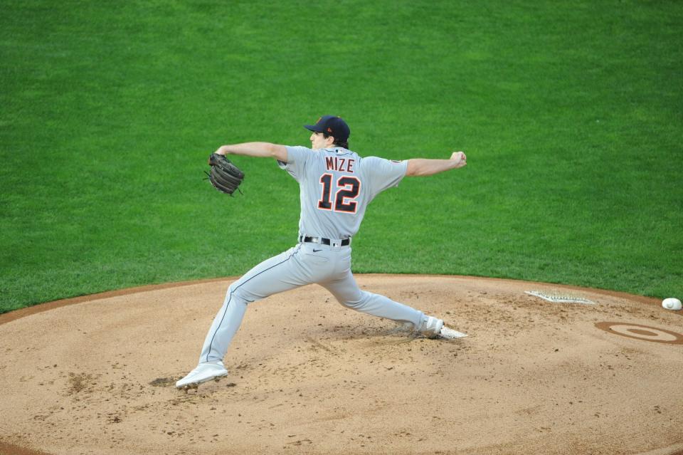 Detroit Tigers pitcher Casey Mize (12) delivers a pitch Sept. 23, 2020, during the first inning against the Minnesota Twins at Target Field in Minneapolis.