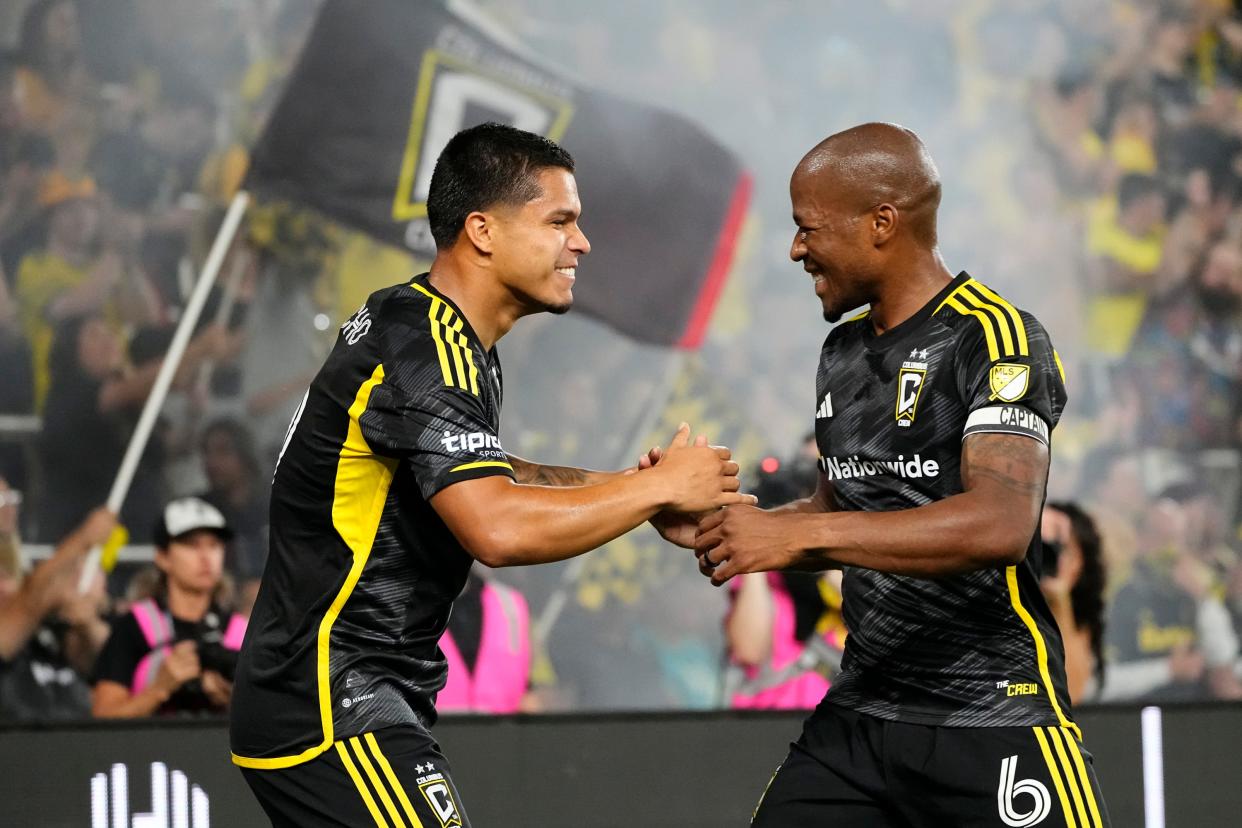 Sep 20, 2023; Columbus, Ohio, USA; Columbus Crew forward Cucho Hernandez (9) celebrates scoring his third goal of the game with midfielder Darlington Nagbe (6) during the first half of the MLS soccer game against the Chicago Fire at Lower.com Field.