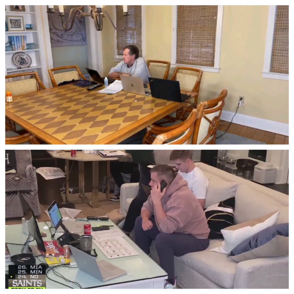 Bill Belichick flew solo at his kitchen table, while Sean Payton made draft day a family affair. (NFL via Getty Images)