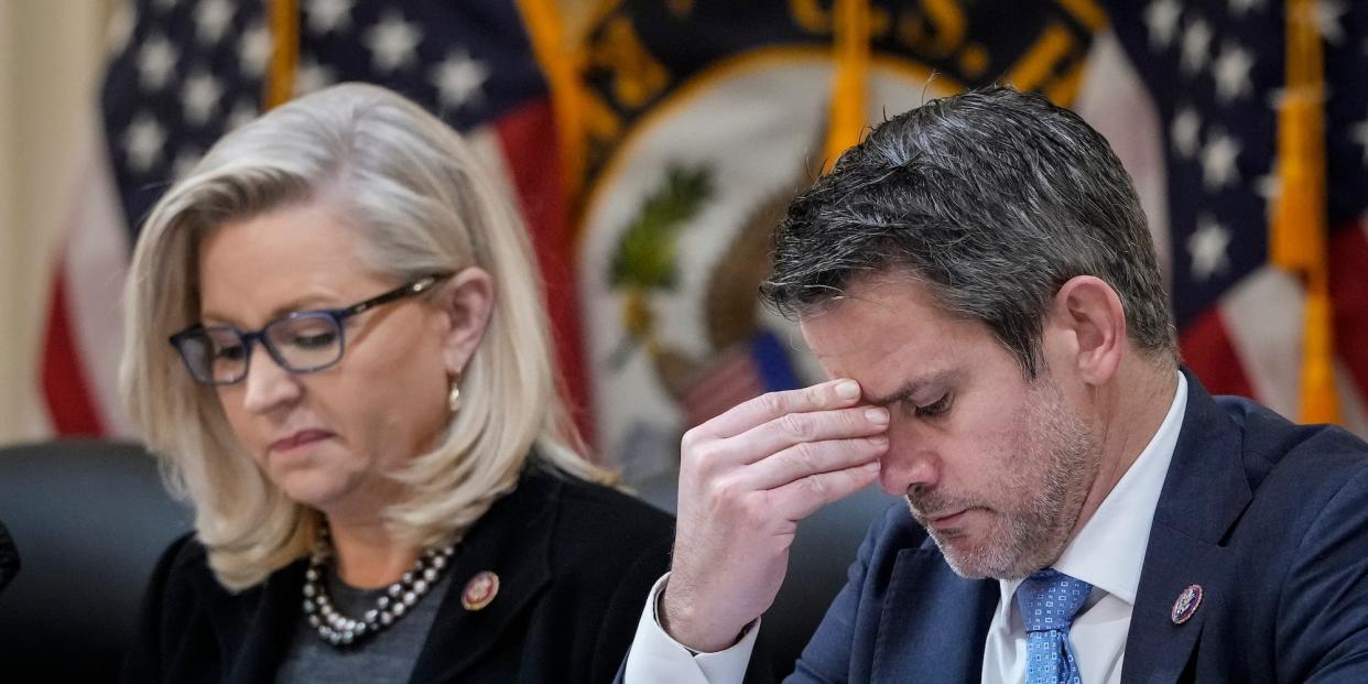 Republican Reps. Liz Cheney of Wyoming and Adam Kinzinger of Illinois at a January 6 committee hearing on December 1, 2021.