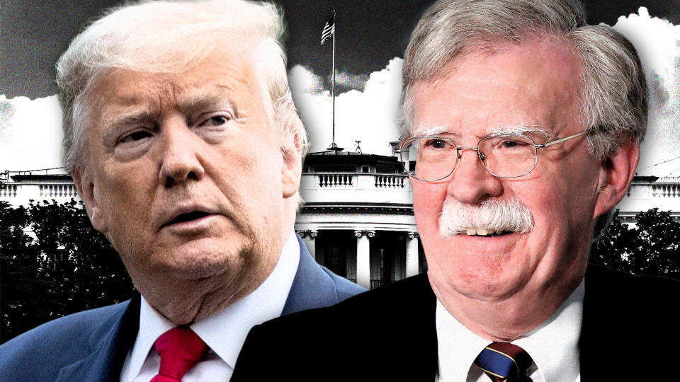 President Trump and John Bolton. (Photo illustration: Yahoo News; photos: AP (2), Getty Images)