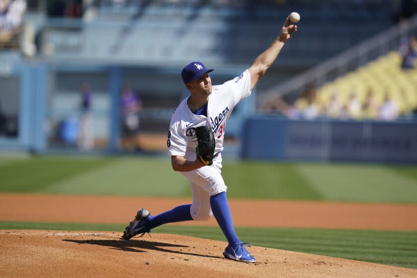 Los Angeles Dodgers starting pitcher Tyler Anderson throws to a Colorado Rockies batter during the first inning of a baseball game, Sunday, Oct. 2, 2022, in Los Angeles. (AP Photo/Marcio Jose Sanchez)