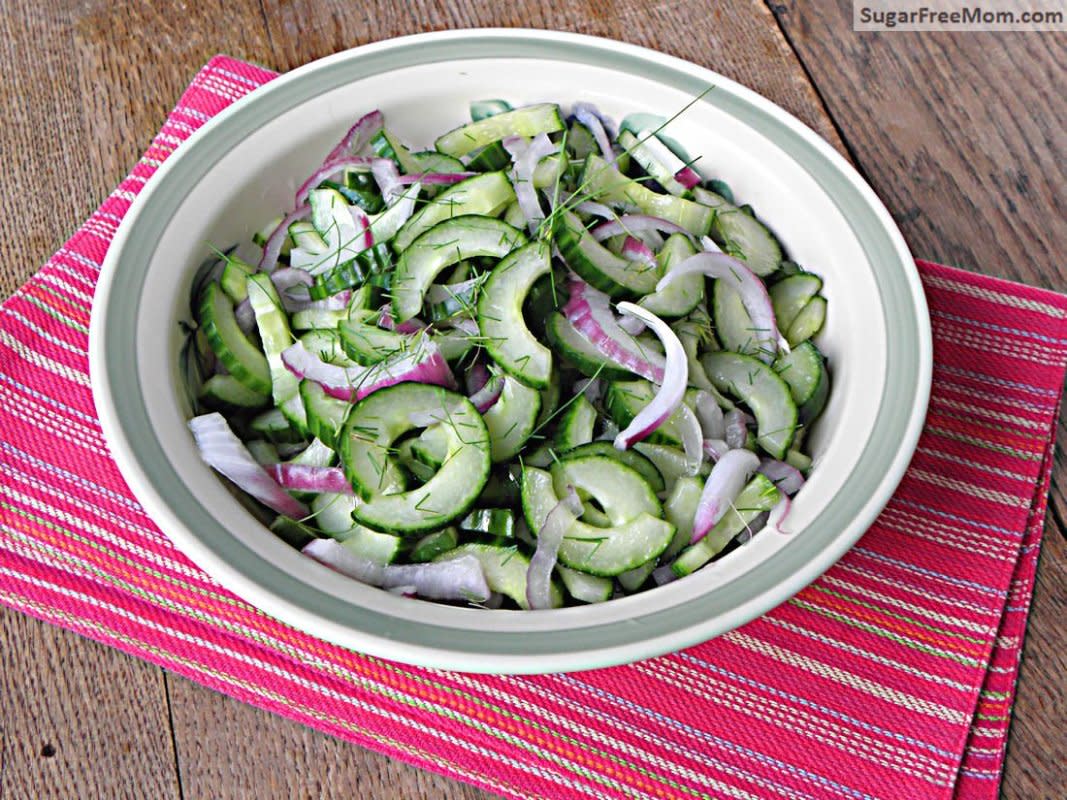 <p>Sugar Free Mom</p><p>This cucumber dill salad can be made in little time and is ready when you are for the next BBQ!</p><p><a href="http://www.sugarfreemom.com/recipes/cucumber-dill-salad-with-no-sugar-added-dressing/" rel="nofollow noopener" target="_blank" data-ylk="slk:Get the recipe!;elm:context_link;itc:0;sec:content-canvas" class="link rapid-noclick-resp">Get the recipe!</a></p>