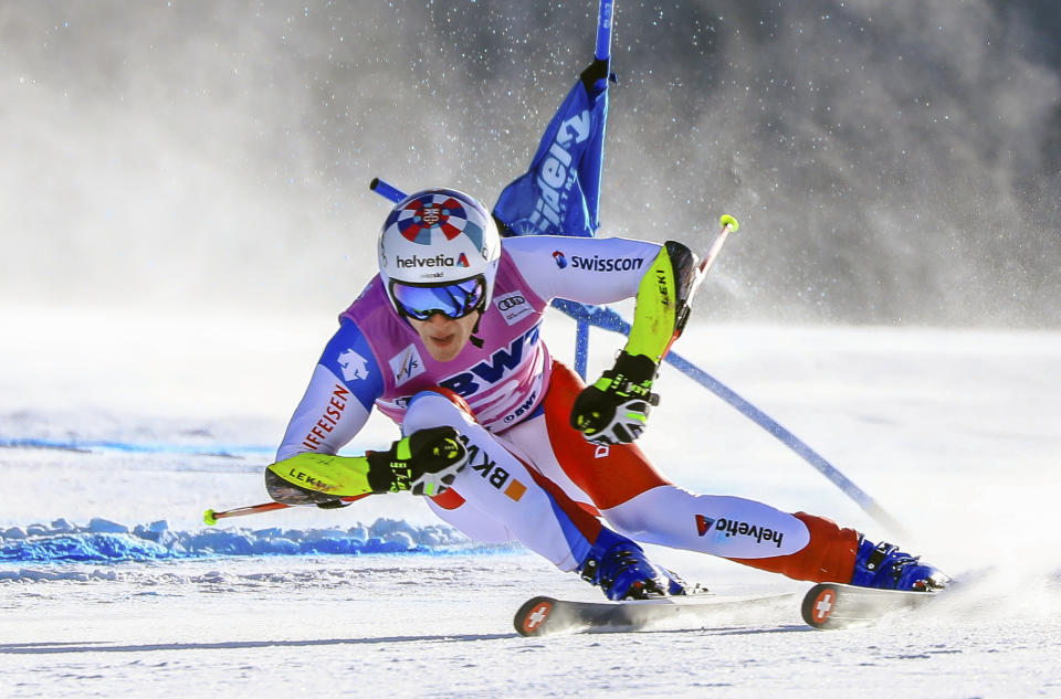 Switzerland's Marco Odermatt passes the second gate in the Men's World Cup super-G skiing race Friday, Dec. 6, 2019, in Beaver Creek, Colo. (Chris Dillmann/Vail Daily via AP)