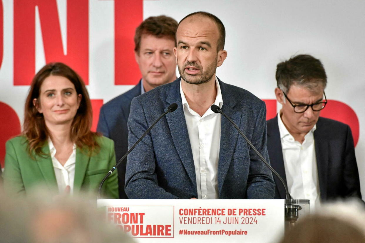 Le président de La France insoumise Manuel Bompard lors d'une conférence de presse du Nouveau Front populaire à la Maison de la Chimie, à Paris, le 14 juin 2024.  - Credit:Firas Abdullah/Abaca