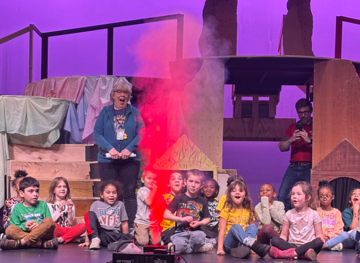 All 920 kindergarteners came to DJT in February, and had a 90-minute experience to learn the power of storytelling. Using the tale of “The Three Little Pigs,” they learned about acting (voice, body, imagination), costumes, props, lights, scenic, and got to see a performance of the show.