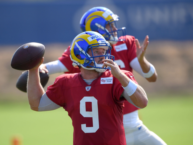 THOUSAND OAKS, CA - AUGUST 19: Quarterbacks John Wolford #9 and Jared Goff #16 of the Los Angeles Rams.