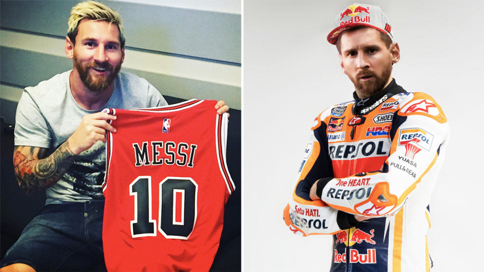 Lionel Messi holding a Chicago Bulls jersey (pictured left) and wearing a Honda race team tracksuit (pictured right).