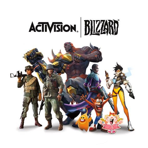 Activision's video game characters posing underneath the Activision Blizzard corporate logo.