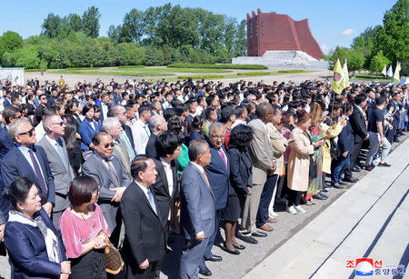 People attend the 22nd Pyongyang Spring International Trade Fair, in Pyongyang, North Korea May 20, 2019. KCNA via REUTERS