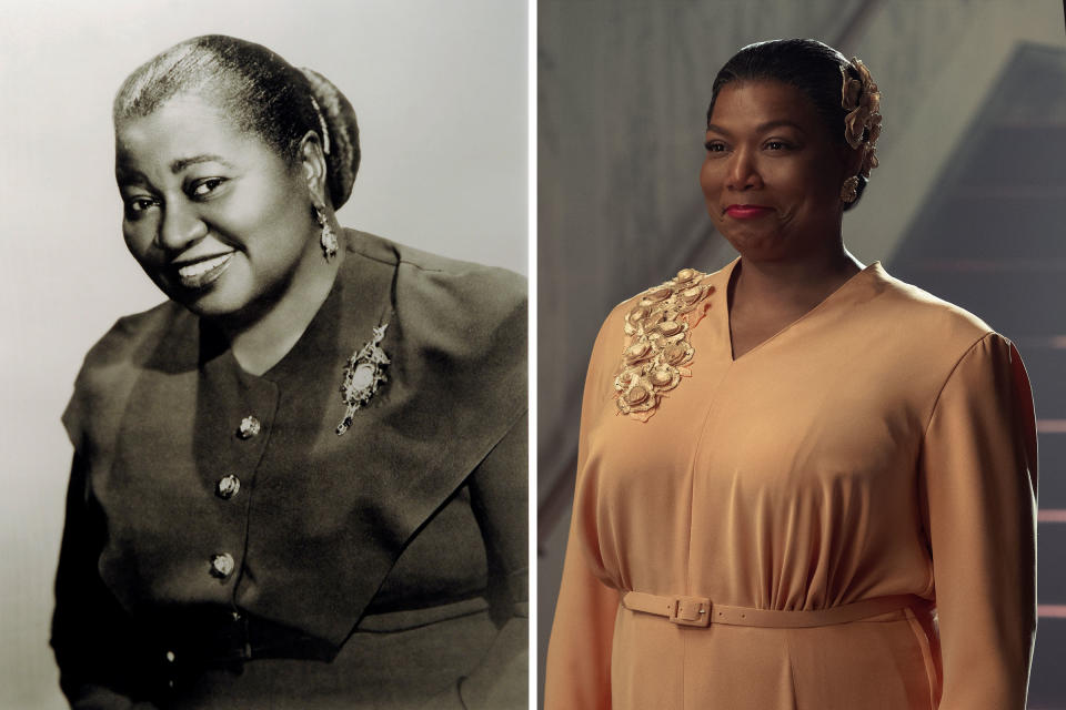 An image made of a photograph of Hattie McDaniel that hangs at the Theater at Howard University; Queen Latifah as Hattie McDaniel in 'Hollywood' | Tracy A Woodward—The Washington Post/Getty Images —