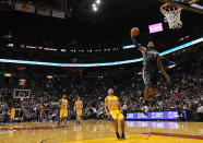 MIAMI, FL - JANUARY 19: LeBron James #6 of the Miami Heat dunks during a game against the Los Angeles Lakers at American Airlines Arena on January 19, 2012 in Miami, Florida. NOTE TO USER: User expressly acknowledges and agrees that, by downloading and/or using this Photograph, User is consenting to the terms and conditions of the Getty Images License Agreement. (Photo by Mike Ehrmann/Getty Images)