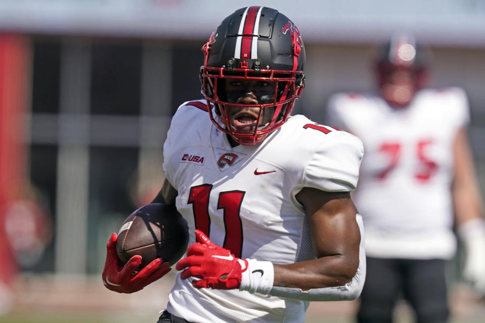 Western Kentucky wide receiver Malachi Corley (11) runs during the first half of an NCAA college football game against Indiana, Saturday, Sept. 17, 2022, in Bloomington, Ind. (AP Photo/Darron Cummings)