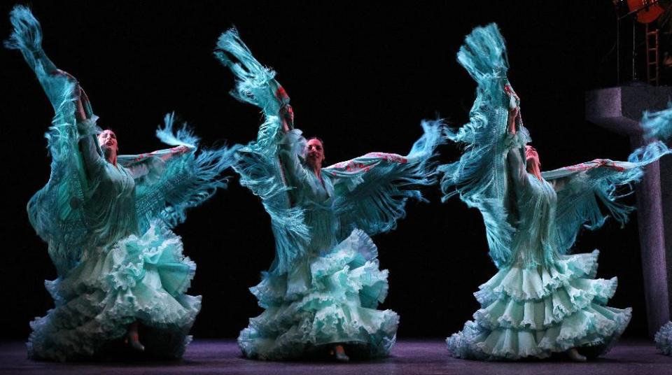 This undated publicity image released by Helene Davis PR shows Ballet Flamenco de Andalucia during a performance. The troupe is performing through March 9 at New York City Center. (AP Photo/Helene Davis PR, Miguel Angel Gonzalez)