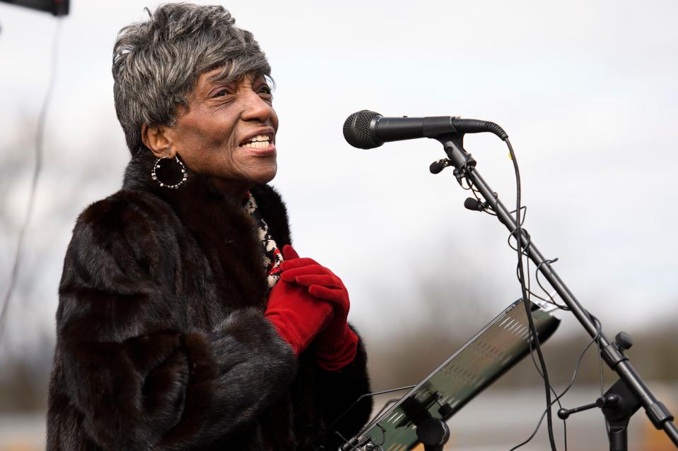 Greenville County Councilwoman Xanthene Norris speaks during the dedication ceremony of the Hampton Avenue Bridge Friday, March 6, 2020.