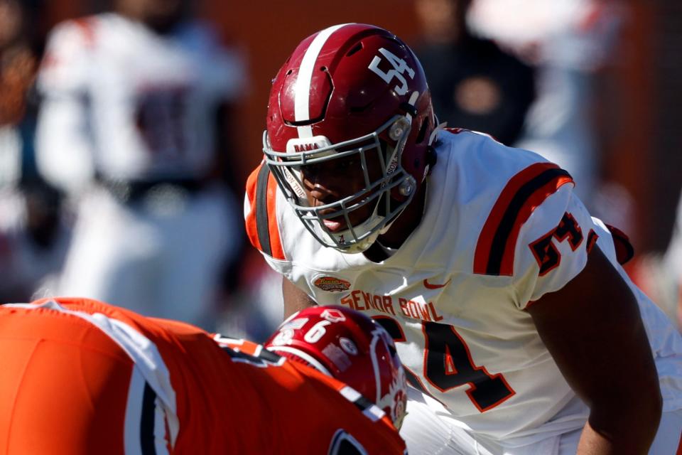 American offensive lineman Tyler Steen of Alabama (54) during the first half of the Senior Bowl NCAA college football game Saturday, Feb. 4, 2023, in Mobile, Ala.