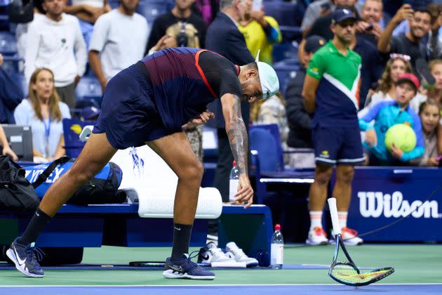 Nick Kyrgios smashes his racket after his defeat at the U.S. Open. (Photo: Quality Sport Images via Getty Images)