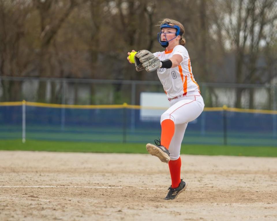 Rylie Adams gets set to let loose of a pitch during a recent Harlem Huskies softball game in Machesney Park.