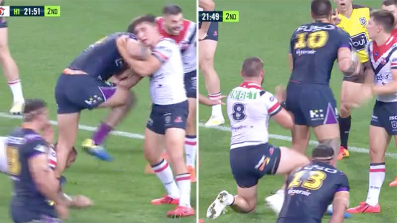 Nelson Asofa-Solomona appeared to kick out at Jared Waerea-Hargreaves. Pic: Fox Sports