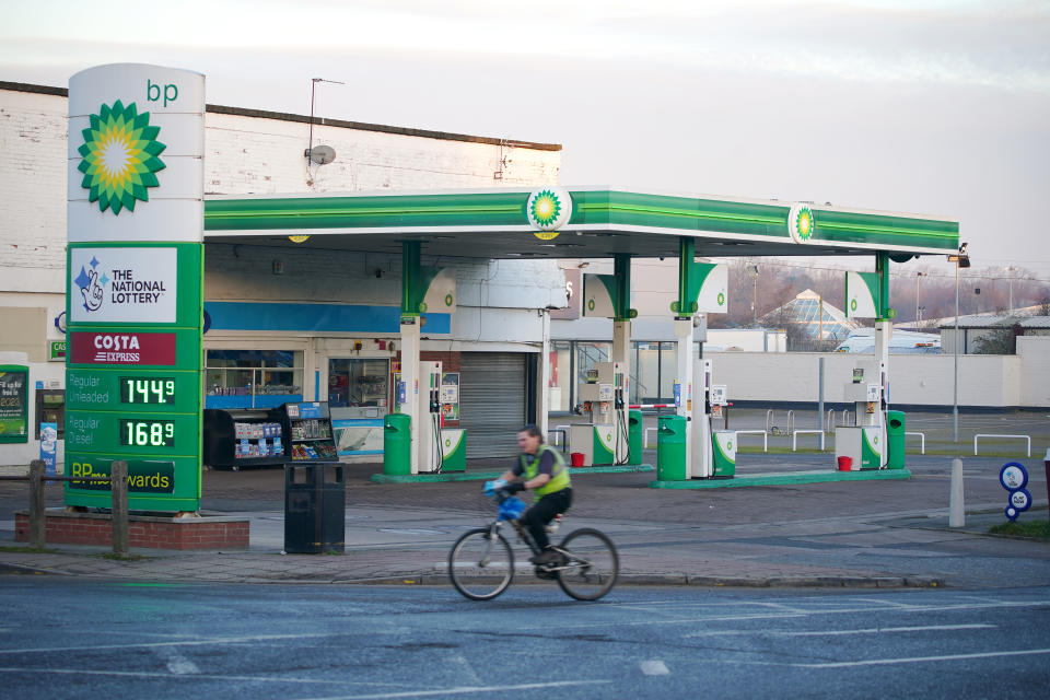 A man cycles past a BP filling station on Spekehall Road in Liverpool, Merseyside. Profits hit record highs at the oil giant BP last year as the business benefited from runaway oil and gas prices caused by the war in Ukraine. Picture date: Tuesday February 7, 2023. (Photo by Peter Byrne/PA Images via Getty Images)
