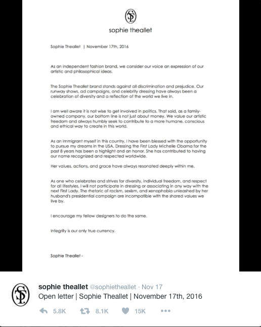 Designer Sophie Theallet issued an open letter on Twitter urging other designers not to dress Melania Trump [Photo: Twitter/@sophietheallet]