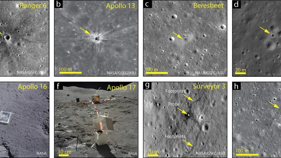 Humanity has left its mark on the moon in many ways, including impact craters left by spacecraft, lunar rover tracks, astronaut bootprints, science experiments and even family photos brought by astronauts. - NASA/GSFC/ASU