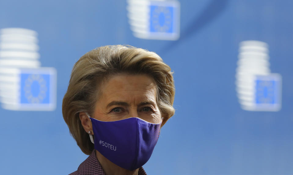European Commission President Ursula von der Leyen arrives for an EU summit at the European Council building in Brussels, Thursday, Oct. 15, 2020. European Union leaders are meeting in person for a two-day summit amid the worsening coronavirus pandemic to discuss topics ranging from Brexit to climate and relations with Africa. (AP Photo/Olivier Matthys, Pool)
