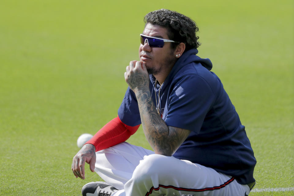 Atlanta Braves' Félix Hernandez sits during team practice at Truist Park on Friday, July 3, 2020, in Atlanta.Former Cy Young winner Félix Hernández has opted out of the 2020 season, at least temporarily ending his bid to revive his career with the Atlanta Braves. Braves manager Brian Snitker says the 34-year-old Hernández chose to skip the season due to the coronavirus pandemic. (AP Photo/Brynn Anderson)