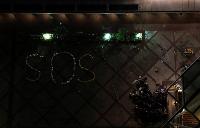 A view of an SOS sign at the Hong Kong Polytechnic University (PolyU), in Hong Kong