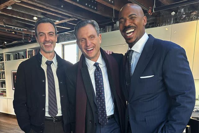 <p>Tony Goldwyn/Instagram</p> Reid Scott, Tony Goldwyn and Mehcad Brooks on the set of Law and Order in 2024