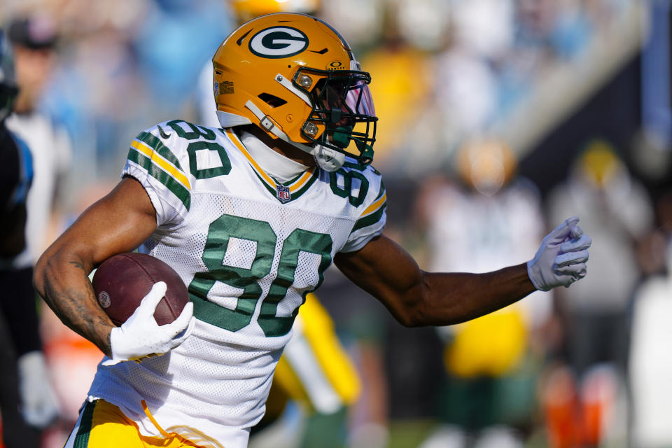 Green Bay Packers wide receiver Bo Melton runs against the Carolina Panthers during the first half of an NFL football game Sunday, Dec. 24, 2023, in Charlotte, N.C. (AP Photo/Jacob Kupferman)