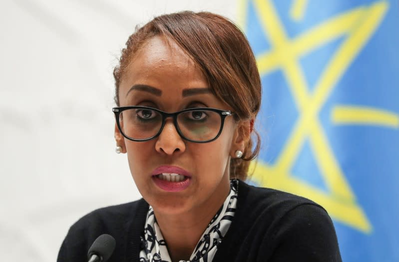 Billene Seyoum, Deputy Press secretary at the office of the Ethiopian Prime Minister addresses a news conference in Addis Ababa