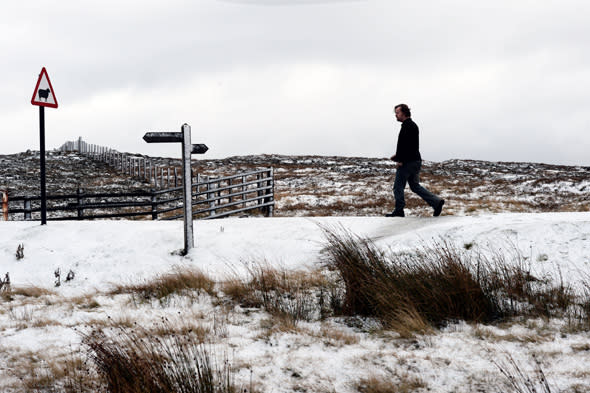 The Pennine hilltops near the A66 following further snow showers across parts of the UK.