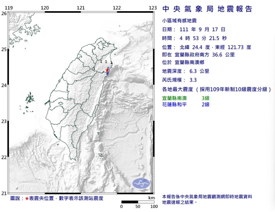 今天清晨4時53分發生芮氏規模3.3小區域有感地震。   圖/中央氣象局